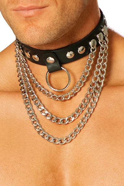 Elegant Moments Bound In Black Mens Leather Collar with Chains & O Ring — image 2 of 2