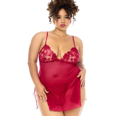 mapale by espiral crimson desire 2 piece embroidered babydoll thong set