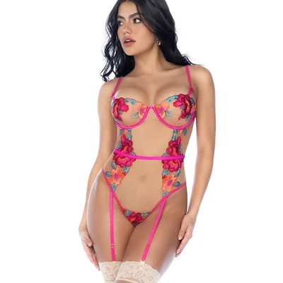 mapale by espiral seductive garden embroidered teddy with attached garter straps
