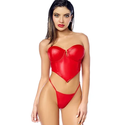 mapale by espiral trix wet look 2 piece bustier thong set
