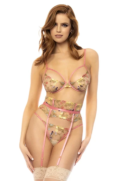 Mapale by Espiral Garden Blush 3 Piece Embroidered Lace Bra Set with Garter Belt & G-String — image 4 of 6