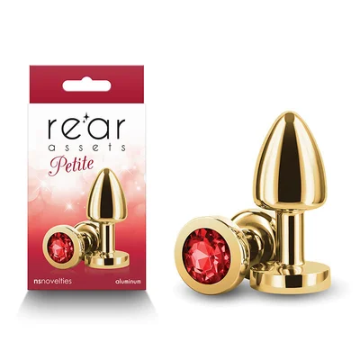 rear assets petite gold with red gem gold 6 cm metal butt plug with red round gem base