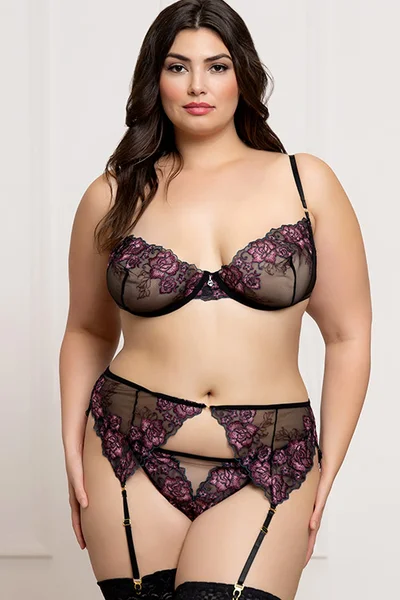 Seven Til Midnight Midnight Rose 3 Piece Embroidered Lace Bra, Garter Belt & Thong Set — image 3 of 6