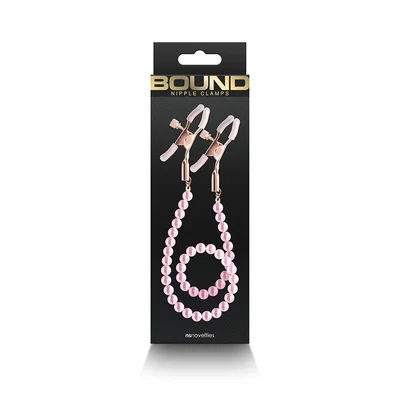 bound dc1 alligator style with pink pearl chain nipple clamps
