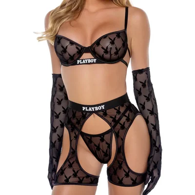 playboy flocked bunny bra thong chaps set
