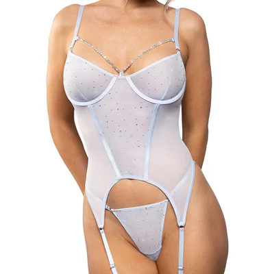 fantasy lingerie aquamarine gartered rhinestone bustier panty