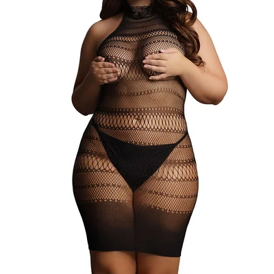 le desir high lace neck net mini dress black queen size