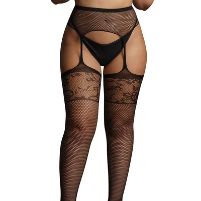 le desir garterbelt stockings with lace top black queen size