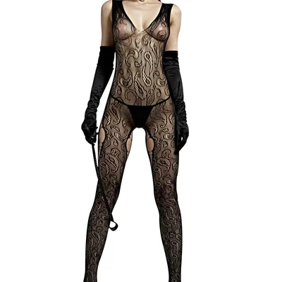 love in leather rimes crotchless v neck bodystocking