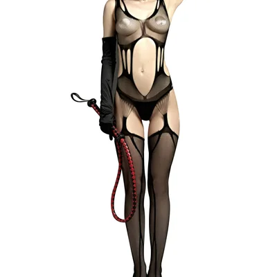 love in leather rimes bodysuit with attached garter stockings