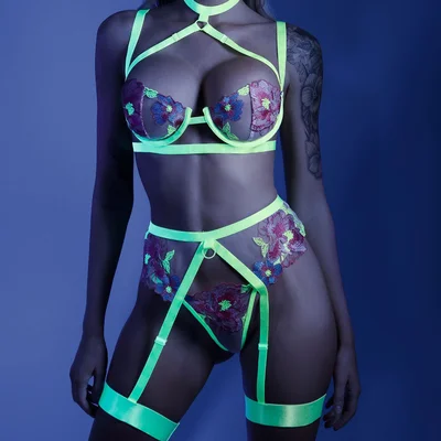 fantasy lingerie glow in a trance bra garter panty set