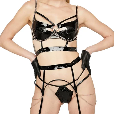 roma vinyl and chain 3 piece bra set