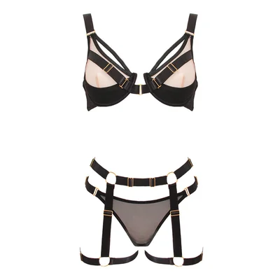 love in leather contrast black nude 3 piece bra set