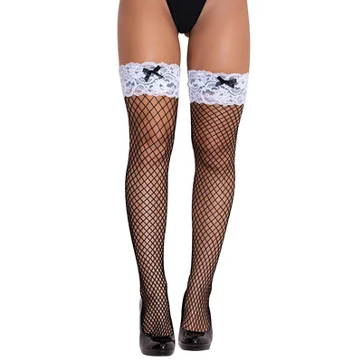 love in leather fishnet thigh high with white lace top stockings