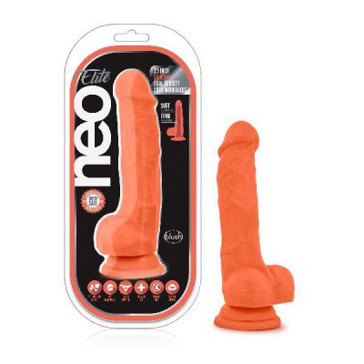 Neo Elite 7 5in Silicone Dual Density Cock with Balls Neon Orange