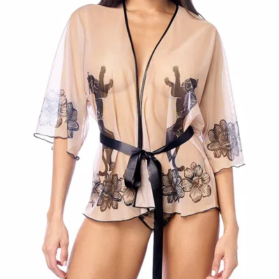mapale sheer printed mesh robe with panty