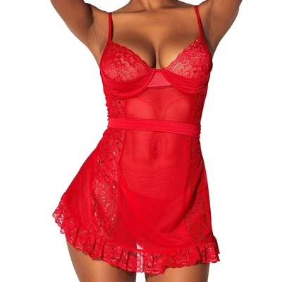 mapale lace sheer babydoll with g string