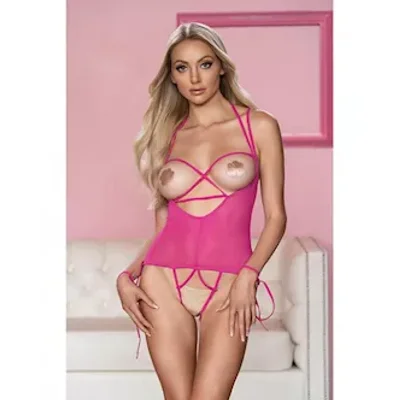 allure angelina sheer mesh under bust teddy hot pink lxl
