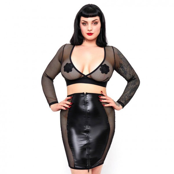 Brand X Plus Size Double Entry Wet Look and Fishnet Skirt