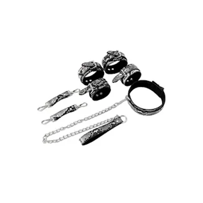 share satisfaction snake print bondage set in handbag