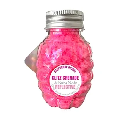 raspberry rushie reflective neon pink uv cosmetic glitter glitz grenade keychain in aloe gel