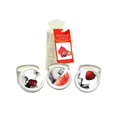 threesome cherry strawberry melon flavoured edible massage candles 3 pack