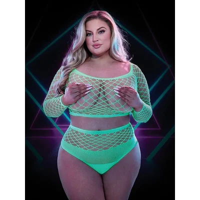 lapdance 2pc glow in the dark long sleeve crop top and panty set plus size