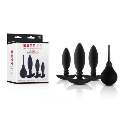 butties black anal training plug set with cleansing pump