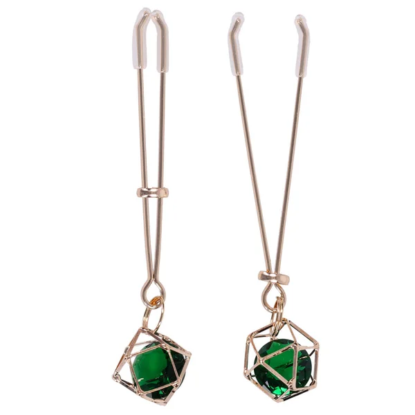 Sex & Mischief Indica Crystal Nipple Clips - Gold Nipple Clips with Emerald Gems — image 4 of 12