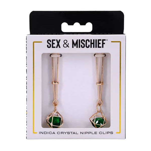 Sex & Mischief Indica Crystal Nipple Clips - Gold Nipple Clips with Emerald Gems — image 8 of 12