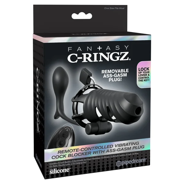 Fantasy C-Ringz Remote-Controlled Vibrating Cock Blocker with Ass-Gasm Plug - Black Vibrating Cock Cage with Anal Plug — image 5 of 8