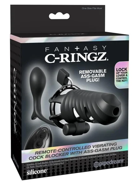Fantasy C-Ringz Remote-Controlled Vibrating Cock Blocker with Ass-Gasm Plug - Black Vibrating Cock Cage with Anal Plug — image 7 of 8