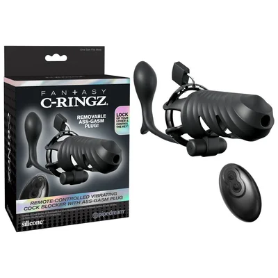 fantasy c ringz remote controlled vibrating cock blocker with ass gasm plug black vibrating cock cage with anal plug