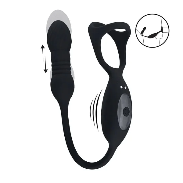 LEVELZ Vibrating & Thrusting TriO Cock Ring with Prostate Stimulator - Black USB Rechargeable Vibrating Cock Ring with Thrusting Prostate Plug — image 2 of 8
