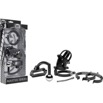 Oppressor Male Confinement Chastity Cage With Ball Clamp And Anal Hook Black
