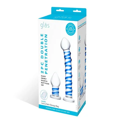 glas 2 piece double penetration swirly dildo and buttplug set
