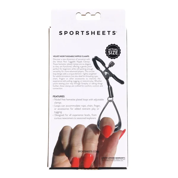 SPORTSHEETS Velvet Noir Tuggable Nipple Clamps - Gunmetal Adjustable Nipple Restraints — image 6 of 9