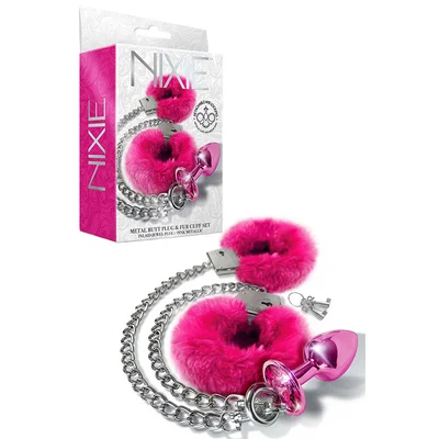 global novelties nixie two piece metal butt plug and fur cuff set