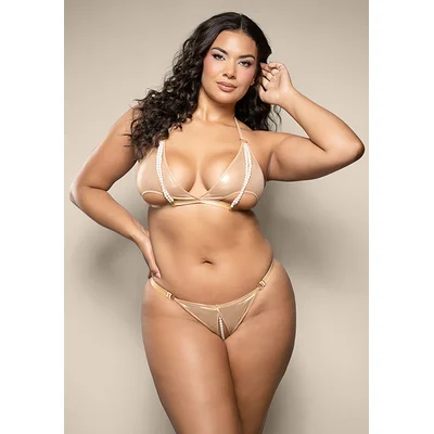 golden pearl bralette and crotchless panty queen size