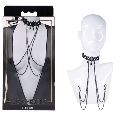 sex mischief lace collar with nipple ties black neck and nipple restraints