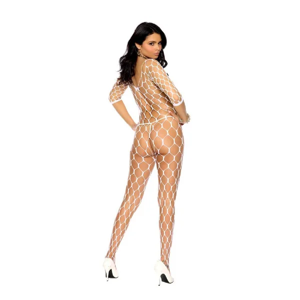 Wide Diamond Net Bodystocking With 3/4 Sleeves and Open Crotch - White - Os — image 2 of 2