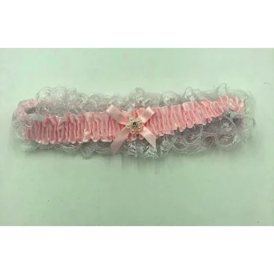 satin leg garter one size baby pink with white lace