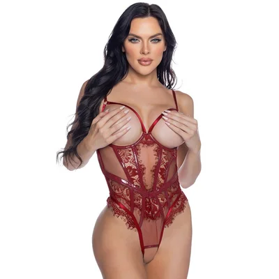 roma burgundy eyelash lace underwired open cup crotchless body small red