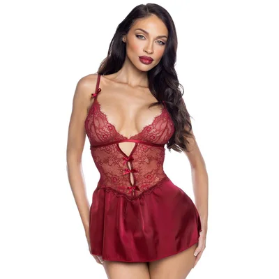 roma paradise dream burgundy lace and satin babydoll set s m red