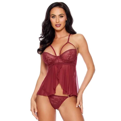 escante burgundy underwire lace and mesh cami set medium red
