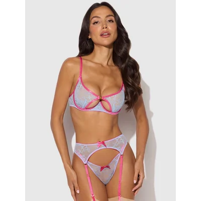 house of desire blue yvone lace open cup underwire bra set large blue