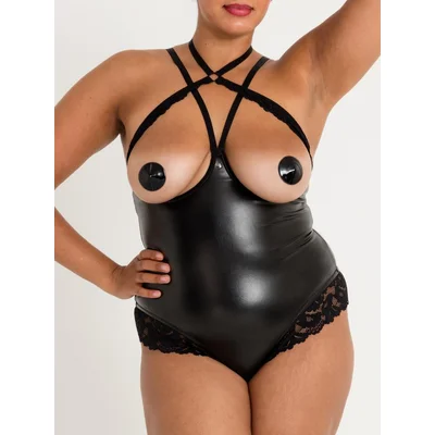 lovehoney plus size fierce romance black wet look and lace open cup body one size queen black
