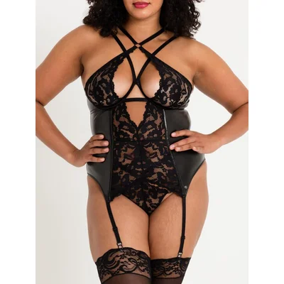 lovehoney plus size fierce romance black wet look and lace bustier set one size curve black