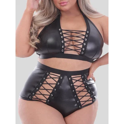 lovehoney plus size fierce leather look lace up bra set t 3x 4x black