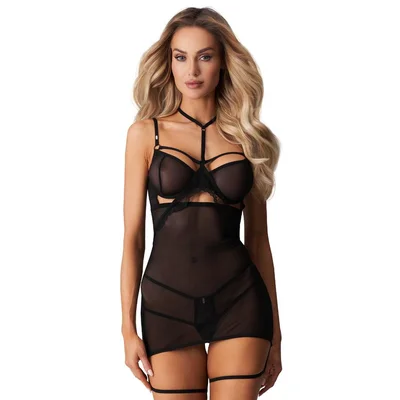 obsessive black arrowel sheer strappy underwire chemise xxl black